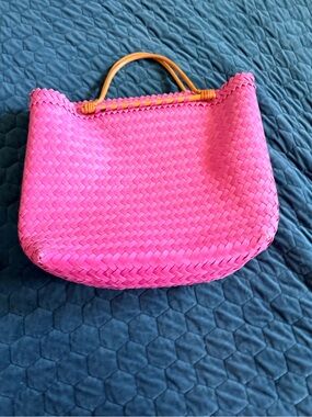 Cappelli Bright Pink Woven Tote with Tan Handles Vintage Large